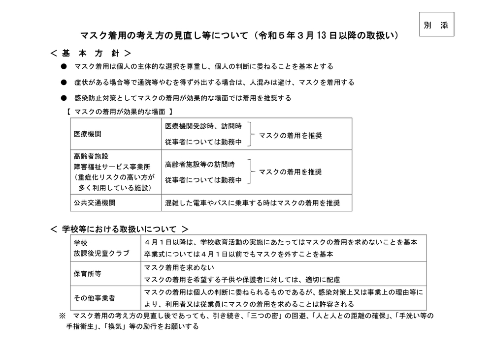 マスクの着用について　３月13日から