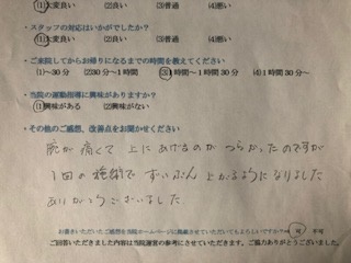 腕が痛くて上にあげるのがつらかったのですが1回の施術でずいぶん上がるようになりました。ありがとうございました。と 患者様の声 をいただきました。