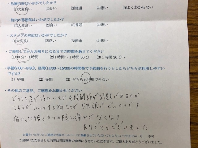 どうして足が　と 患者様の声 をいただきました。