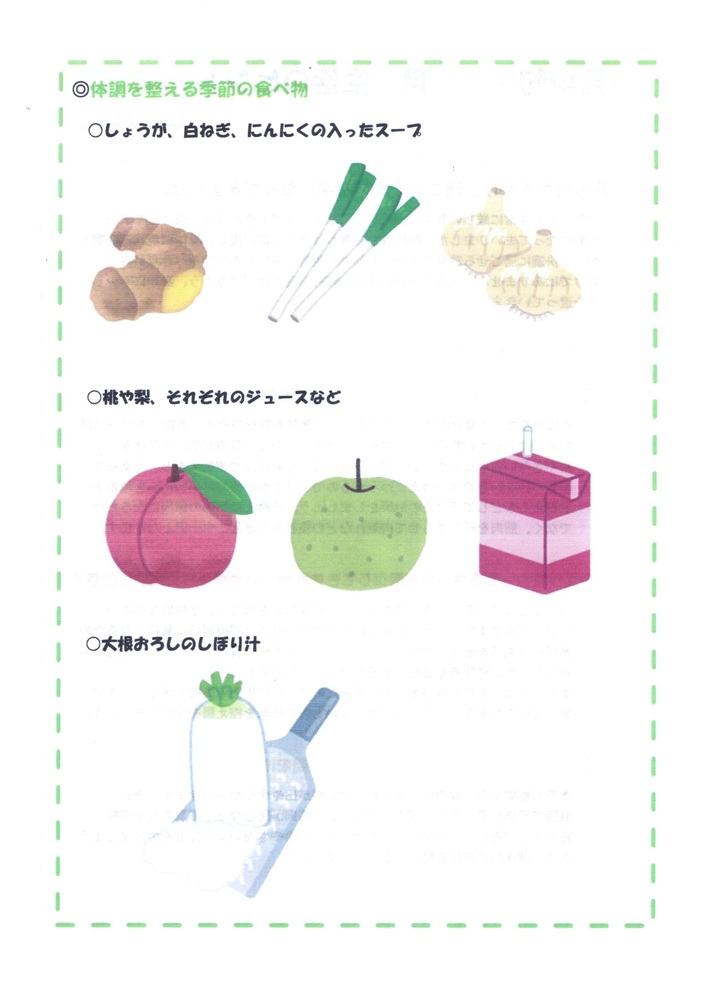 季節の食べ物

しょうが、白ネギ、ニンニク

桃・梨

大根おろし