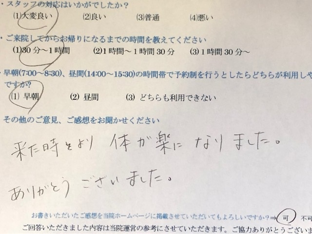 来た時より・・・　と患者様の声をいただきました。