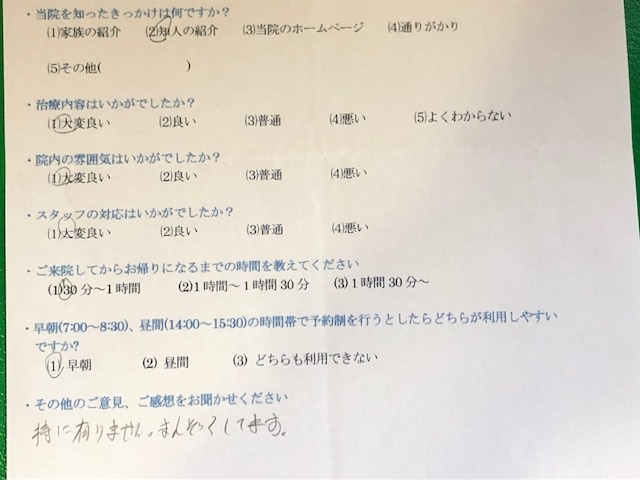 特にありません。　と患者様の声をいただきました。