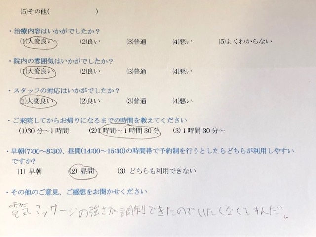 電気マッサージの強さ・・・　と患者様の声をいただきました。