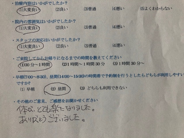 体が、とても楽になりました。・・・と患者様の声をいただきました。