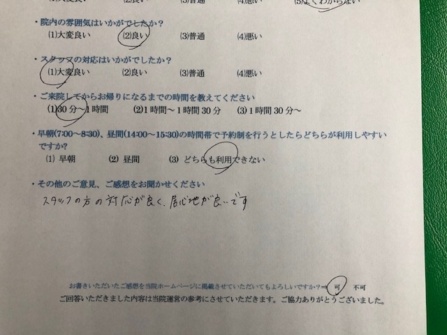 スタッフの方の対応が良く・・・と患者様の声をいただきました。