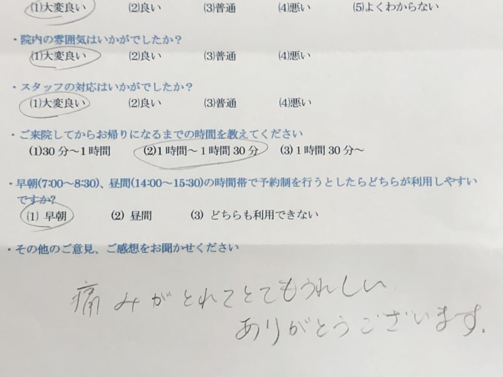 痛みがとれてとてもうれしい。・・・・と患者様の声を頂きました。