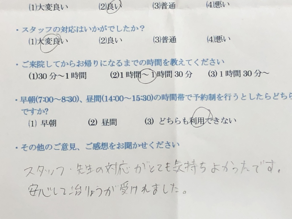 スタッフ・先生の対応が・・・・と患者様の声を頂きました。