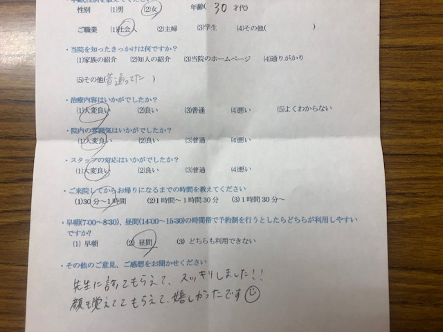 先生に診てもらえて、・・・・と患者様の声を頂きました。