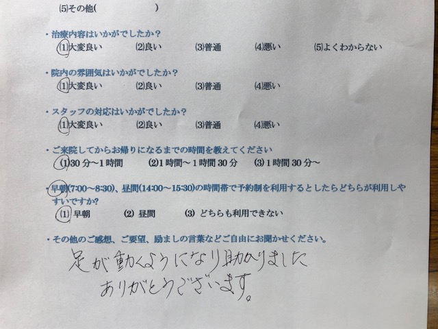 足が動くようになり助かりました。・・・・と患者様の声を頂きました。