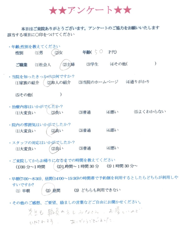 50歳代　主婦の方からありがたいお言葉を頂きました。