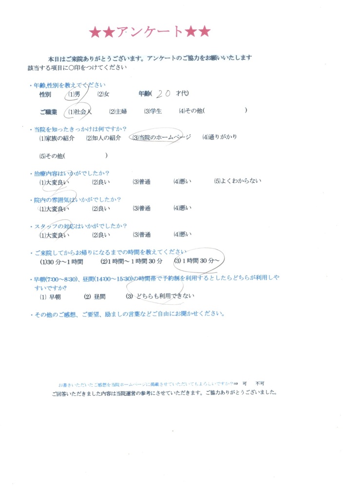 ２0歳代　男性　の方から患者様の声を頂きました。