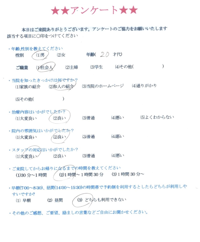20歳代　男性　の方から患者様の声を頂きました。