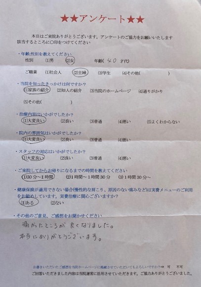 痛かったところが良くなりました。・・・と患者様の声をいただきました。