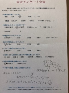 なおしてくれてありがとう。これからもがんばってください。病院かわいいですね。と声をいただきました。