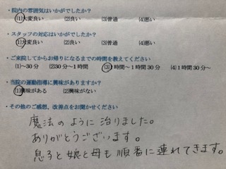 魔法のように治りました。ありがとうございます。息子と娘と母も順番に連れて来ます。と 患者様の声 をいただきました。