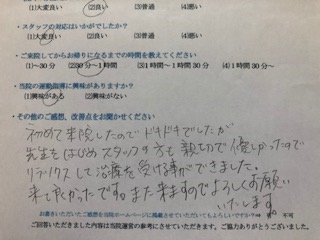 初めて来院したのでドキドキでしたが、先生をはじめスタッフの方も親切で優しかったのでリラックスして治療を受ける事ができました。と 患者様の声 をいただきました。